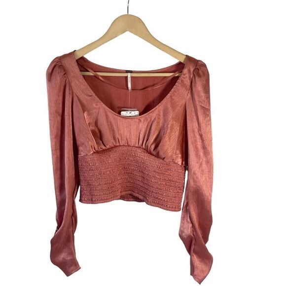 Free People Santiago NWT Pink Cinnamon Puff Shoulder Crop Top Sz XS - Picture 3 of 12